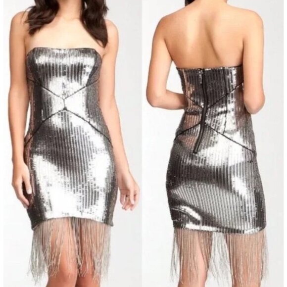 Bebe‎ Uptown Strapless Sequin Fringe Dress Silver Gunmetal Cocktail S NWT $206 - Picture 1 of 15